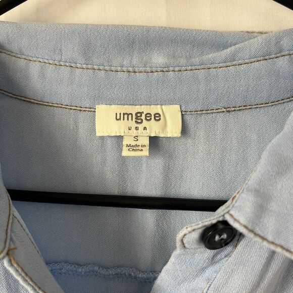 Umgee Frayed Hem Button Down Chambray Shirt Dress Tiered Denim Blue Sz S - Picture 3 of 8
